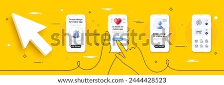 No card, Phone wallet and Refresh bitcoin line icons pack. Phone screen mockup with 3d alert bell, health and headshot. Change money, Checklist, Stock analysis web icon. Vector