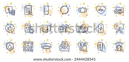 Outline set of Maze attention, Heartbeat and Info app line icons for web app. Include Greenhouse, Heart rating, Medical analytics pictogram icons. Waterproof, Money currency, Led lamp signs. Vector