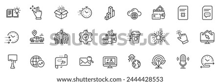 Icons pack as Work home, Timer and Microphone line icons for app include Time schedule, Delete file, Open box outline thin icon web set. Move gesture, Execute, Target path pictogram. Vector
