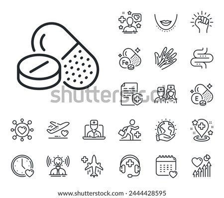 Medicine pills sign. Online doctor, patient and medicine outline icons. Medical drugs line icon. Pharmacy medication symbol. Medical drugs line sign. Veins, nerves and cosmetic procedure icon. Vector
