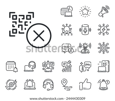 Scan barcode sign. Place location, technology and smart speaker outline icons. No QR code line icon. Stop or cancel certificate symbol. Qr code line sign. Influencer, brand ambassador icon. Vector