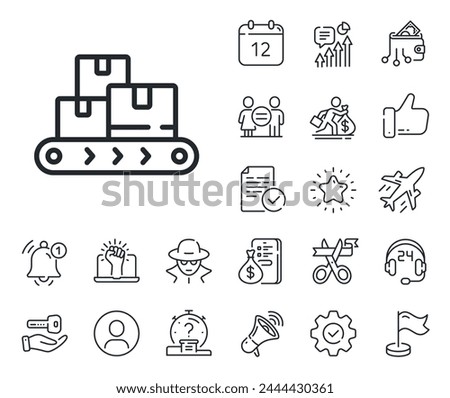Warehouse boxes belt sign. Salaryman, gender equality and alert bell outline icons. Wholesale goods line icon. Logistic inventory symbol. Wholesale goods line sign. Vector