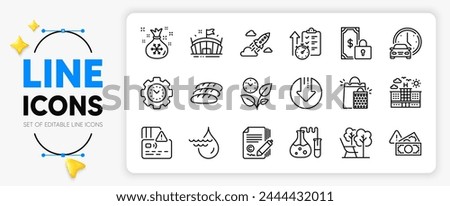 Fraud, Hydroelectricity and Santa sack line icons set for app include Private payment, Card, Shopping bags outline thin icon. Download arrow, Deckchair, Bread pictogram icon. Vector