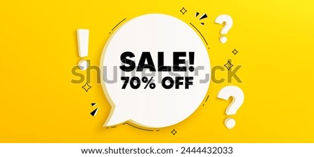 Sale 70 percent off discount. Chat speech bubble banner with questions. Promotion price offer sign. Retail badge symbol. Sale speech bubble message. Quiz chat box. Vector