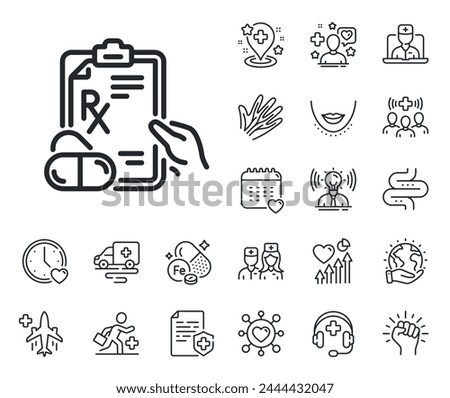 Medicine drugs pills sign. Online doctor, patient and medicine outline icons. Prescription Rx recipe line icon. Prescription drugs line sign. Veins, nerves and cosmetic procedure icon. Vector