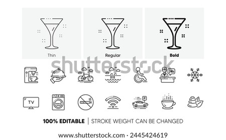 Wi-Fi, Air conditioning and Coffee maker machine. Hotel service line icons. Spa stones, swimming pool and hotel parking icons. Linear set. Line icons set. Vector