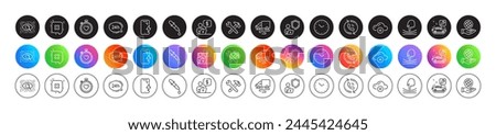 Reject, Elastic and Time line icons. Round icon gradient buttons. Pack of Car service, Smartphone charging, Delivery route icon. Artificial intelligence, Heartbeat timer, Call center pictogram. Vector