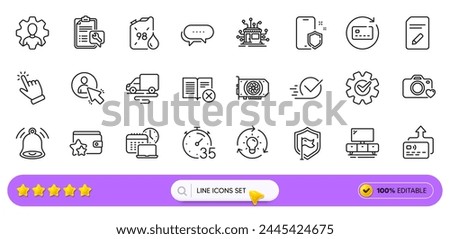 Delivery route, Reject book and Professional line icons for web app. Pack of Card, Timer, Shield pictogram icons. User, Distribution, Loyalty program signs. Renew card, Idea, Bell alert. Vector