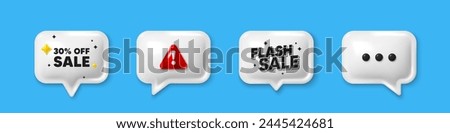 Offer speech bubble 3d icons. Sale 30 percent off discount. Promotion price offer sign. Retail badge symbol. Sale chat offer. Flash sale, danger alert. Text box balloon. Vector