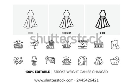 Petrol canister, Delete purchase and Table lamp line icons. Pack of Calories, Selfie stick, Waterproof umbrella icon. Flexible mattress, Distribution, Airplane travel pictogram. Puzzle. Vector