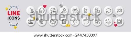 Loan percent, Truck delivery and Report document line icons. White buttons 3d icons. Pack of Approved document, Bid offer, Talk bubble icon. Megaphone, Report, Phone pay pictogram. Vector