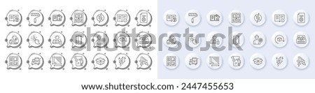 Gas price, Brush and Lightning bolt line icons. White pin 3d buttons, chat bubbles icons. Pack of Open door, Engineering documentation, Technical documentation icon. Vector