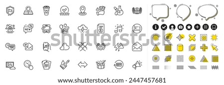 Set of Squad, Quick tips and Lightning bolt line icons for web app. Design elements, Social media icons. Refund commission, Shield, Location icons. Technical info, Ship travel, Mail signs. Vector