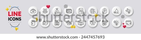 Hearing, Waterproof and Call center line icons. White buttons 3d icons. Pack of Smartphone clean, Loan, Seo idea icon. Recovery ssd, Biometric security, Eco energy pictogram. Vector
