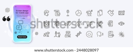 Face id, Rotation gesture and Smartphone waterproof line icons for web app. Phone mockup gradient screen. Pack of Diamond, Chat messages, Mail letter pictogram icons. Vector