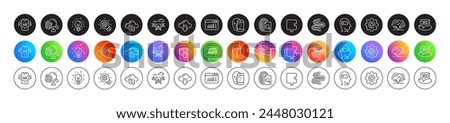 Co2 gas, Cloud download and Face biometrics line icons. Round icon gradient buttons. Pack of Medicine, Cogwheel, Cloud sync icon. Web traffic, Weariness, Inspect pictogram. Vector