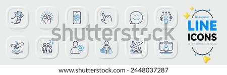 Cursor, Fraud and Passenger line icons for web app. Pack of Fingerprint, Boat fishing, Empower pictogram icons. Sleep, Smile chat, Business way signs. Buyer, Find user, Selfie stick. Vector