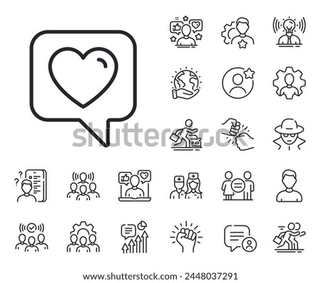 Favorite like sign. Specialist, doctor and job competition outline icons. Heart line icon. Positive feedback symbol. Heart line sign. Avatar placeholder, spy headshot icon. Strike leader. Vector
