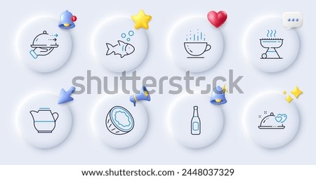 Romantic dinner, Grill and Milk jug line icons. Buttons with 3d bell, chat speech, cursor. Pack of Coffee cup, Coconut, Beer icon. Fish, Food delivery pictogram. For web app, printing. Vector