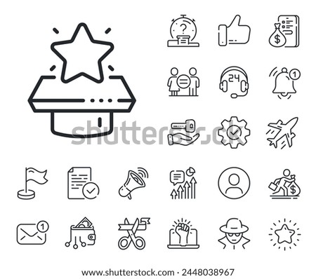 First place sign. Salaryman, gender equality and alert bell outline icons. Winner podium line icon. Best rank star symbol. Winner podium line sign. Spy or profile placeholder icon. Vector
