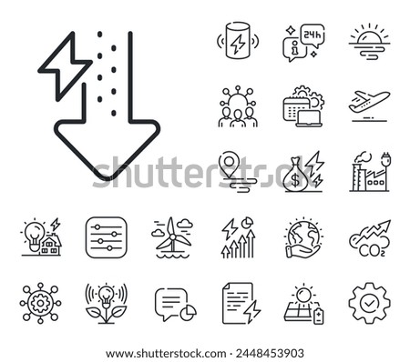 Thunderbolt sign. Energy, Co2 exhaust and solar panel outline icons. Energy line icon. Power consumption symbol. Energy drops line sign. Eco electric or wind power icon. Green planet. Vector