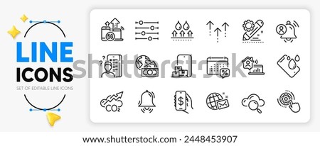 Cloud computing, Money app and Swipe up line icons set for app include World mail, Filter, Work home outline thin icon. Waterproof, User notification, Survey pictogram icon. Vector