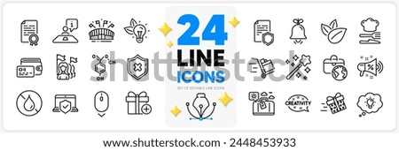 Icons set of Push cart, Travel luggage and Scroll down line icons pack for app with Energy, Certificate diploma, No waterproof thin outline icon. Bell, Magic wand, Organic product pictogram. Vector