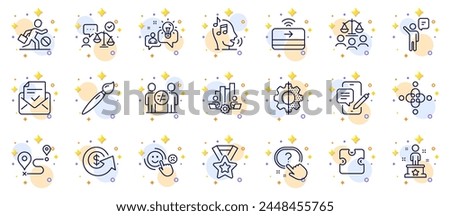 Outline set of Transform, Teamwork chart and Lawyer line icons for web app. Include Agent, Contactless payment, Dollar exchange pictogram icons. Jobless, Phone chat, Discrimination signs. Vector