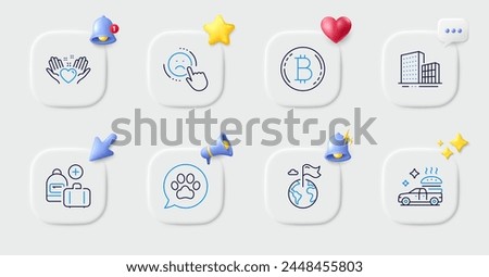 Buildings, Pets care and Destination flag line icons. Buttons with 3d bell, chat speech, cursor. Pack of Bitcoin, Hold heart, Dislike icon. Food delivery, Add handbag pictogram. Vector