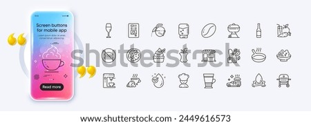 Coffee maker, Organic waste and Coffee cup line icons for web app. Phone mockup gradient screen. Pack of Mint bag, Water drop, Grill pictogram icons. Water splash, Wineglass, Salad signs. Vector