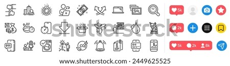 Bitcoin, Photo album and Qr code line icons pack. Social media icons. Microscope, Time management, Attached info web icon. Creative idea, Bell alert, Inspect pictogram. Vector