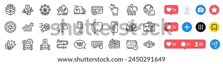 Computer keyboard, Demand curve and Car charging line icons pack. Social media icons. Packing boxes, Lightning bolt, Talk bubble web icon. Table lamp, Car service, Journey path pictogram. Vector
