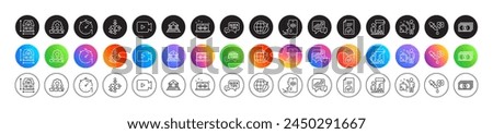 Voicemail, Teamwork and Video camera line icons. Round icon gradient buttons. Pack of Accounting, Timer, Court building icon. Painter, Approved document, House dimension pictogram. Vector