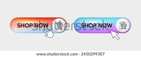 Buy now button with shopping cart. Shop now gradient switch buttons with hand pointer. Online shopping, click here mouse pointer. Web design toggle slider elements. Order button. Vector illustration