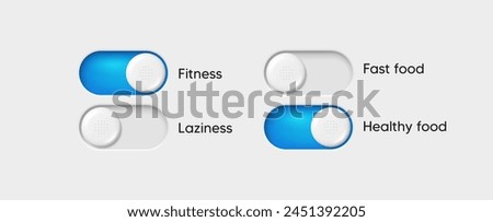 On and Off toggle switch buttons. Slider switch buttons set. Mobile app interface design. Toggle choice blue buttons. Select preferences. Interface with active slide control. Vector illustration