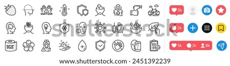 Nurse, Shields and Family insurance line icons pack. Social media icons. Skin care, Medical vaccination, Dating web icon. Thermometer, Oil serum, Clean skin pictogram. Vector