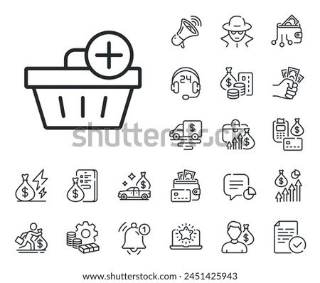 Online buying sign. Cash money, loan and mortgage outline icons. Add to Shopping cart line icon. Supermarket basket symbol. Add purchase line sign. Credit card, crypto wallet icon. Vector