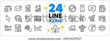 Icons set of Lightning bolt, Privacy policy and 5g cloud line icons pack for app with Cursor, New message, Star thin outline icon. Timer, Coffee maker, Electricity consumption pictogram. Vector