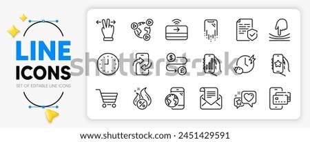 Certificate, Charging time and Elastic line icons set for app include Mobile internet, Hot loan, Touchscreen gesture outline thin icon. Clock, Favorite app, Phone transfer pictogram icon. Vector
