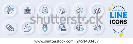 Skin care, Energy inflation and Vacancy line icons for web app. Pack of Hospital building, Crown, Time management pictogram icons. Honor, Leaf, Inspect signs. Fake internet. Neumorphic buttons. Vector