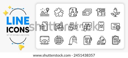 Map, Vip phone and Phone photo line icons set for app include Card, Globe, Algorithm outline thin icon. Stand lamp, Chat messages, Survey checklist pictogram icon. Certificate, Star, Eco power. Vector