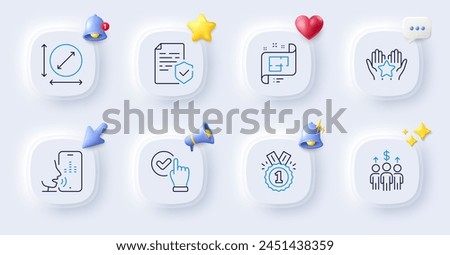 Approved, Ranking and Meeting line icons. Buttons with 3d bell, chat speech, cursor. Pack of Voicemail, Checkbox, Architectural plan icon. Certificate, Circle area pictogram. Vector
