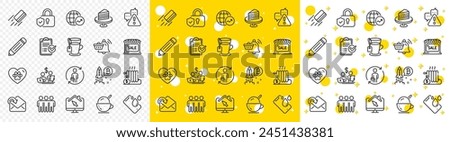 Outline Warning, Cake and Work home line icons pack for web with Radiator, World statistics, Friendship line icon. Replacement, Pencil, Market sale pictogram icon. Credit card. Vector