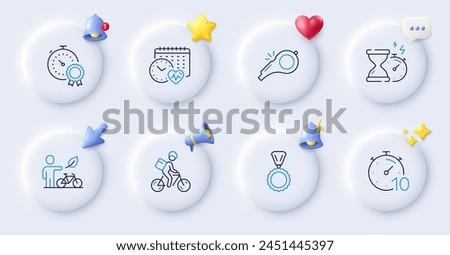Eco bike, Delivery bike and Best result line icons. Buttons with 3d bell, chat speech, cursor. Pack of Whistle, Medal, Timer icon. Hourglass timer, Cardio calendar pictogram. Vector