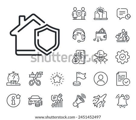 House protect sign. Salaryman, gender equality and alert bell outline icons. Home insurance line icon. Property defense symbol. Home insurance line sign. Spy or profile placeholder icon. Vector