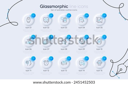 Set of Chat bubble, Wind energy and Cough line icons for web app. 360 degrees, Smartwatch, Face detect icons. Qr code, Weather forecast, Clipboard signs. Documents, Writer, Cloud computing. Vector