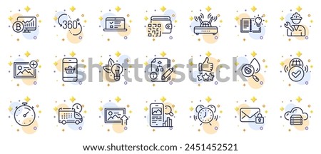 Outline set of Timer, Repairman and Product knowledge line icons for web app. Include Qr code, Verified internet, Water analysis pictogram icons. Cloud server, Add photo, Delivery signs. Vector