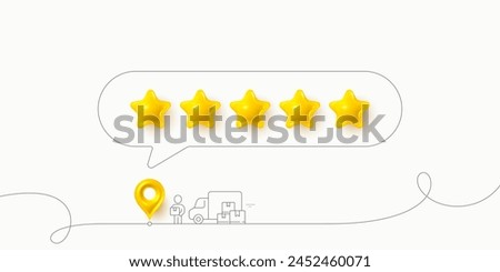 Delivery five stars review icons. 5 stars rate banner. Customer rating feedback banner with human character. Man holding a box package near to delivery truck. Social media five 3d stars review. Vector