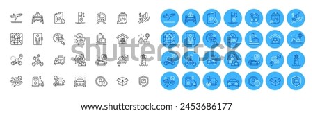 Elevator, Roller coaster and Parking time line icons pack. Home moving, Inventory cart, Metro map web icon. Delivery bike, Lighthouse, Gas cylinder pictogram. Car wash, Departure plane. Vector