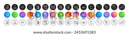 Speech bubble, Certificate and Engineering line icons. Round icon gradient buttons. Pack of Approve, Cursor, Delivery truck icon. Swimming pool, Shopping bags, Hold heart pictogram. Vector